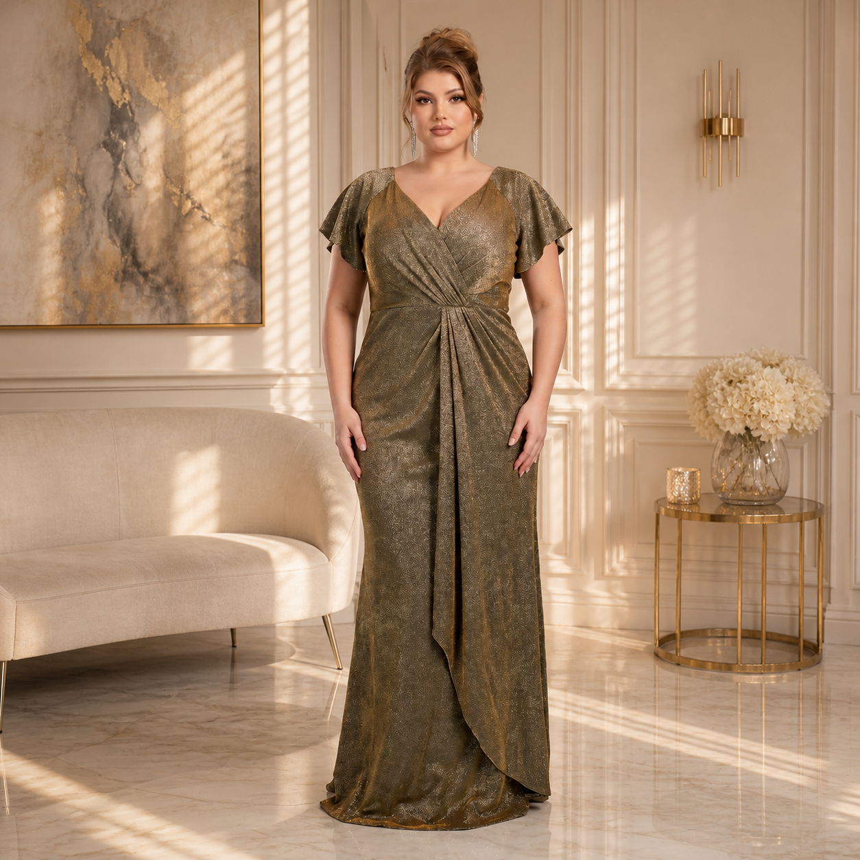 Vestido Tornasol Dorado – Escote en V, Tallas Extras (L–3XL)