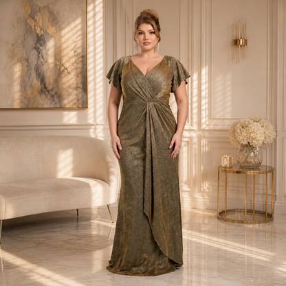 Vestido Tornasol Dorado – Escote en V, Tallas Extras (L–3XL)