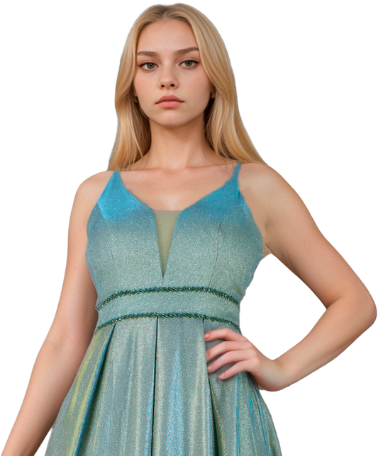 Vestido Corte Princesa Verde Tornasol con Glitter Plateado y Bordado en Cintura Tallas S-L