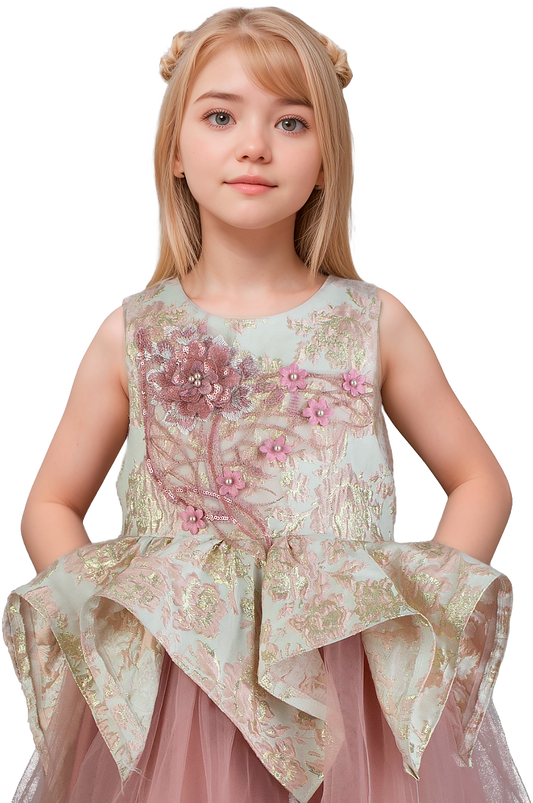 Vestido Niña Rosa Palo con Aplicaciones y Falda de Tul Esponjosa