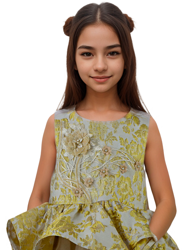 Vestido Infantil Dorado con Detalles en el Pecho Corte Midi Tallas 110-150