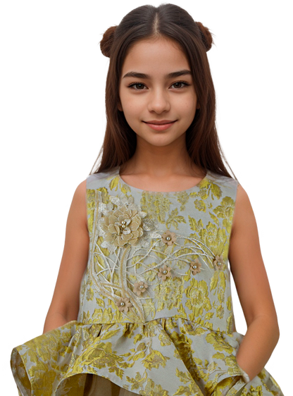Vestido Infantil Dorado con Detalles en el Pecho Corte Midi Tallas 110-150