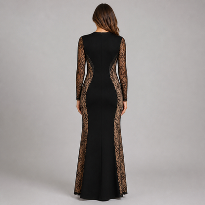 Vestido Corte Sirena Manga Larga con Transparencia