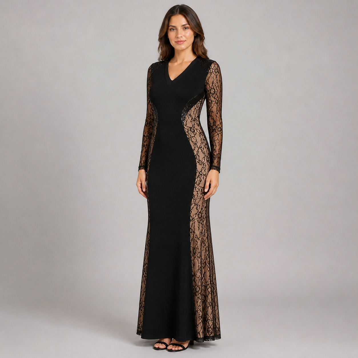 Vestido Corte Sirena Manga Larga con Transparencia
