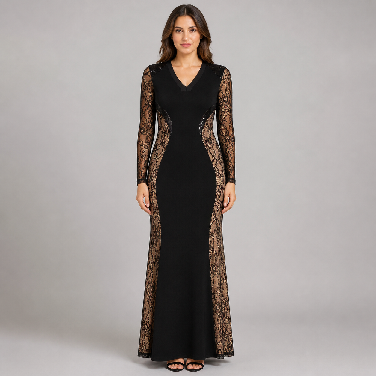 Vestido Corte Sirena Manga Larga con Transparencia