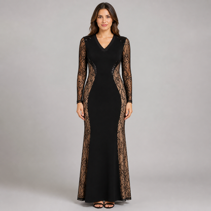 Vestido Corte Sirena Manga Larga con Transparencia