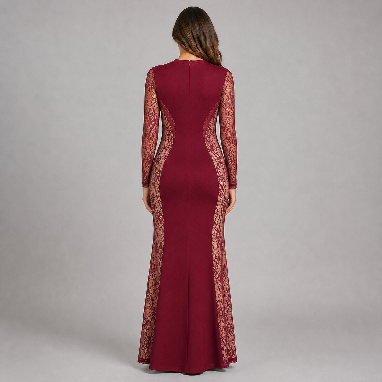 Vestido Corte Sirena Manga Larga con Transparencia