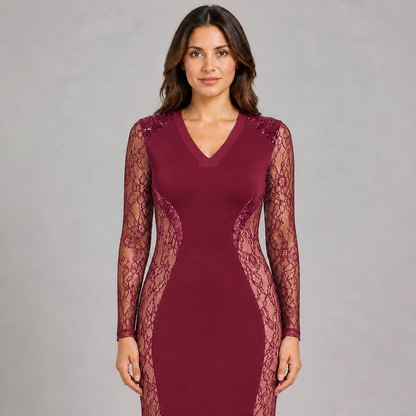 Vestido Corte Sirena Manga Larga con Transparencia