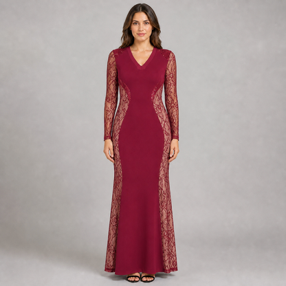 Vestido Corte Sirena Manga Larga con Transparencia