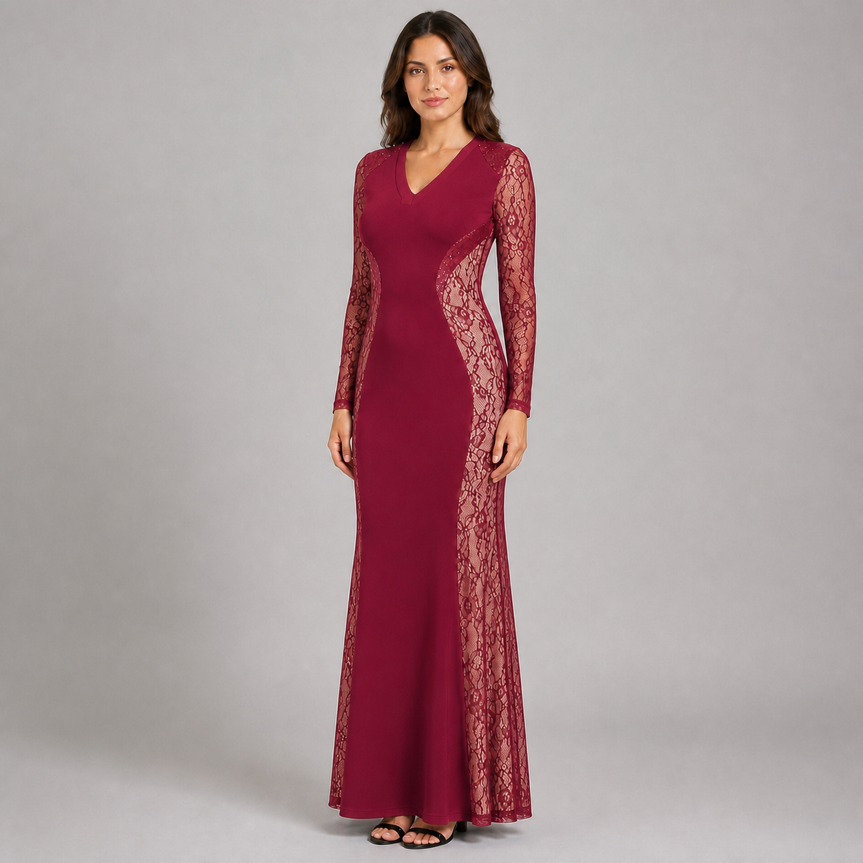 Vestido Corte Sirena Manga Larga con Transparencia