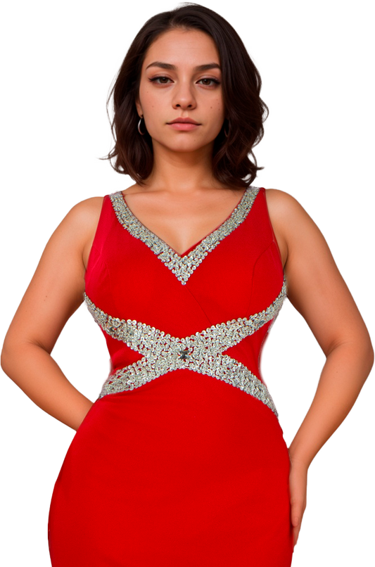 Vestido Rojo Corte Sirena con Aplicaciones Bordadas en Cintura Tallas M-XL