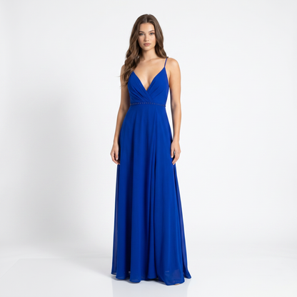 Vestido Azul Rey Vaporoso con Escote Profundo en V, Tirantes Espagueti y Abertura en Pierna Tallas S/M-M/L