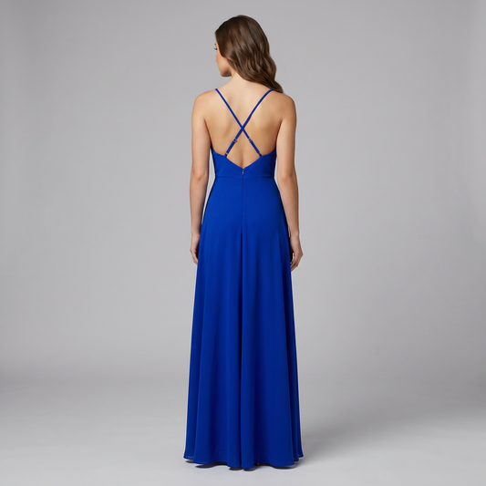 Vestido Azul Rey Vaporoso con Escote Profundo en V, Tirantes Espagueti y Abertura en Pierna Tallas S/M-M/L