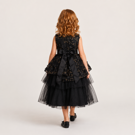 Vestido Infantil Negro Sin Mangas con Flores 3D Tallas 2-12
