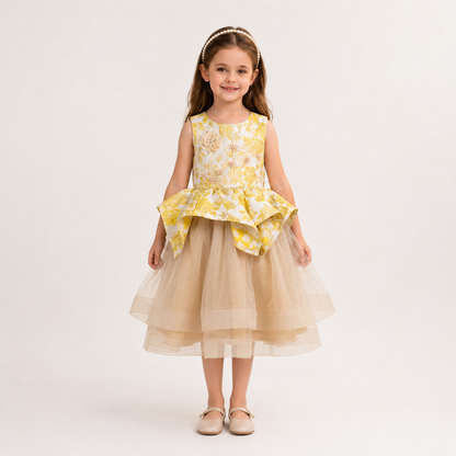 Vestido Niña Dorado Elegante con Detalles en el Pecho