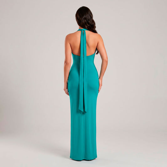 Vestido Halter con Flores 3D y Drapeado | Roco Atelier