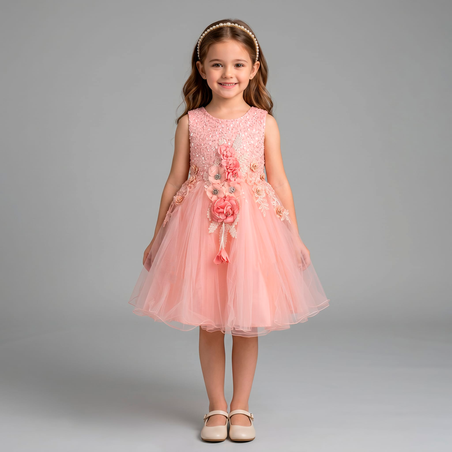 Vestido Niña Coral con Bordado, Aplicaciones en Pecho y Falda de Tul Voluminosa Tallas 6-16