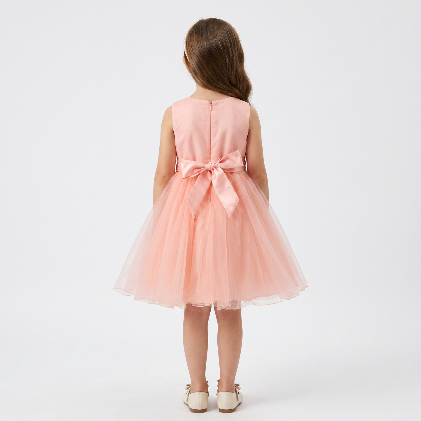 Vestido Niña Coral con Bordado, Aplicaciones en Pecho y Falda de Tul Voluminosa Tallas 6-16