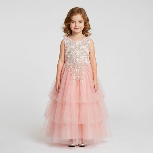 Vestido de Tul Rosa con Bordados para Niña Tallas 120-170