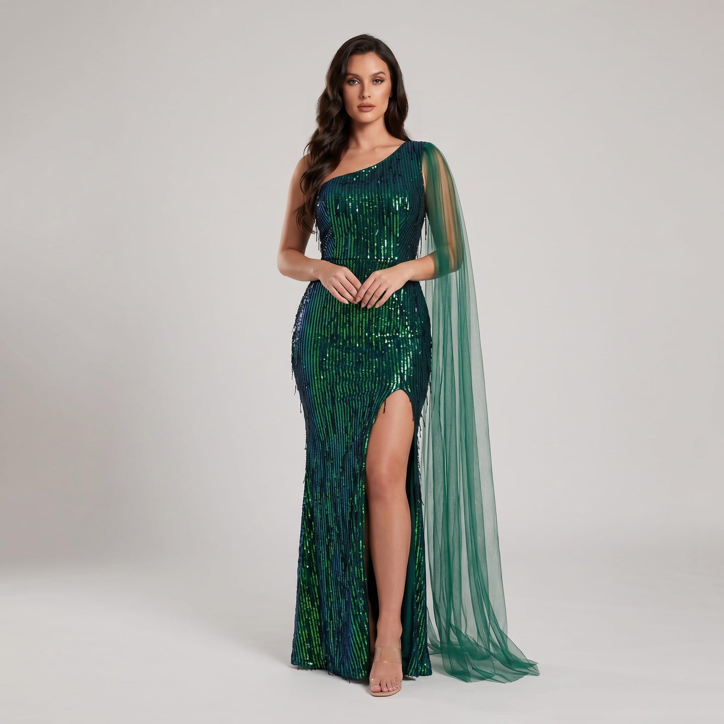 Vestido Asimétrico Verde Esmeralda con Lentejuelas Tornasol | Tallas M a 3XL