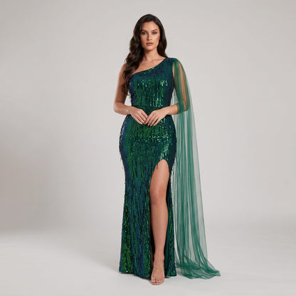 Vestido Asimétrico Verde Esmeralda con Lentejuelas Tornasol | Tallas M a 3XL