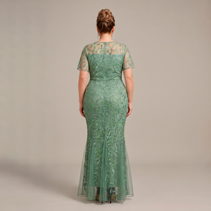 Vestido Verde Olivo Bordado Floral | Corte Sirena | Manga Corta