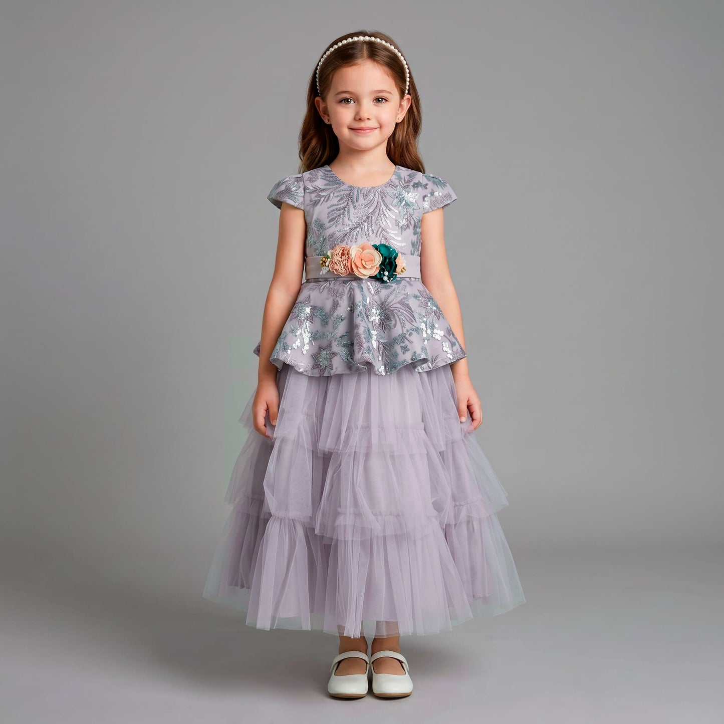 Vestido de Tul con Bordados y Mangas para Niña