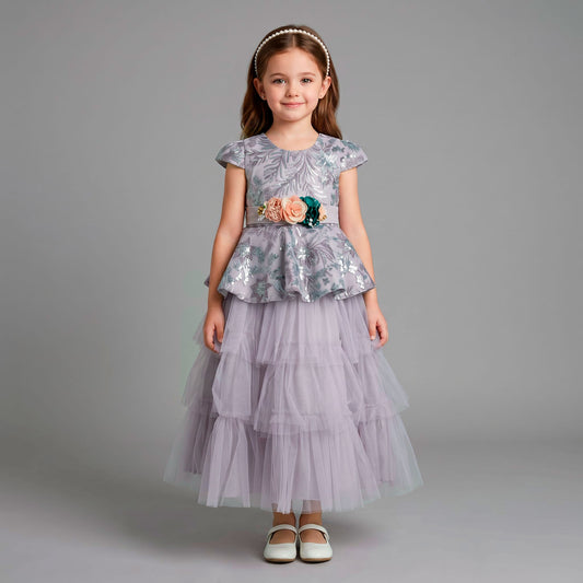 Vestido de Tul con Bordados y Mangas para Niña