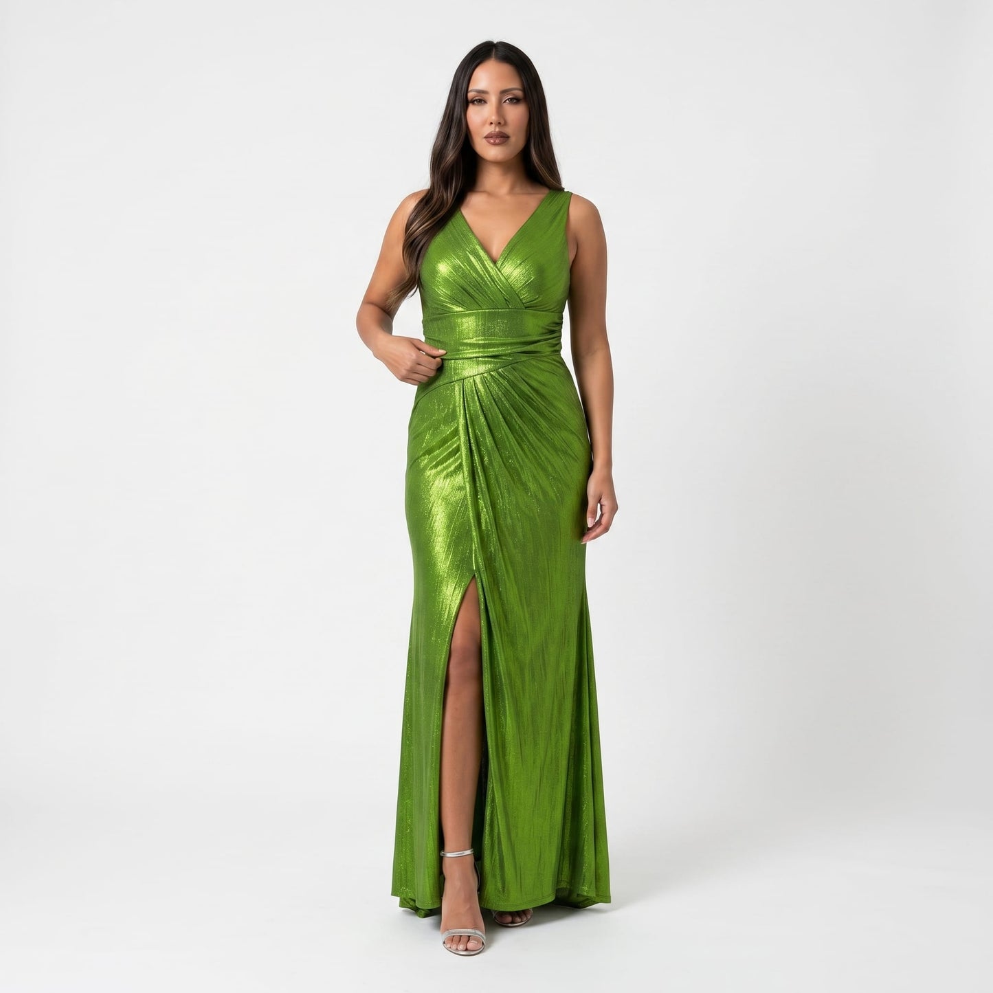 Vestido Largo de Fiesta Metalizado con Escote en V Profundo y Abertura en Pierna Tallas XL-2XL