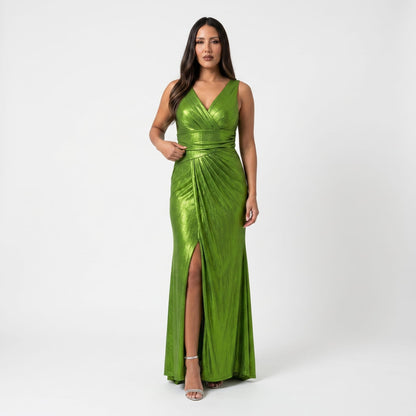 Vestido Largo de Fiesta Metalizado con Escote en V Profundo y Abertura en Pierna Tallas XL-2XL