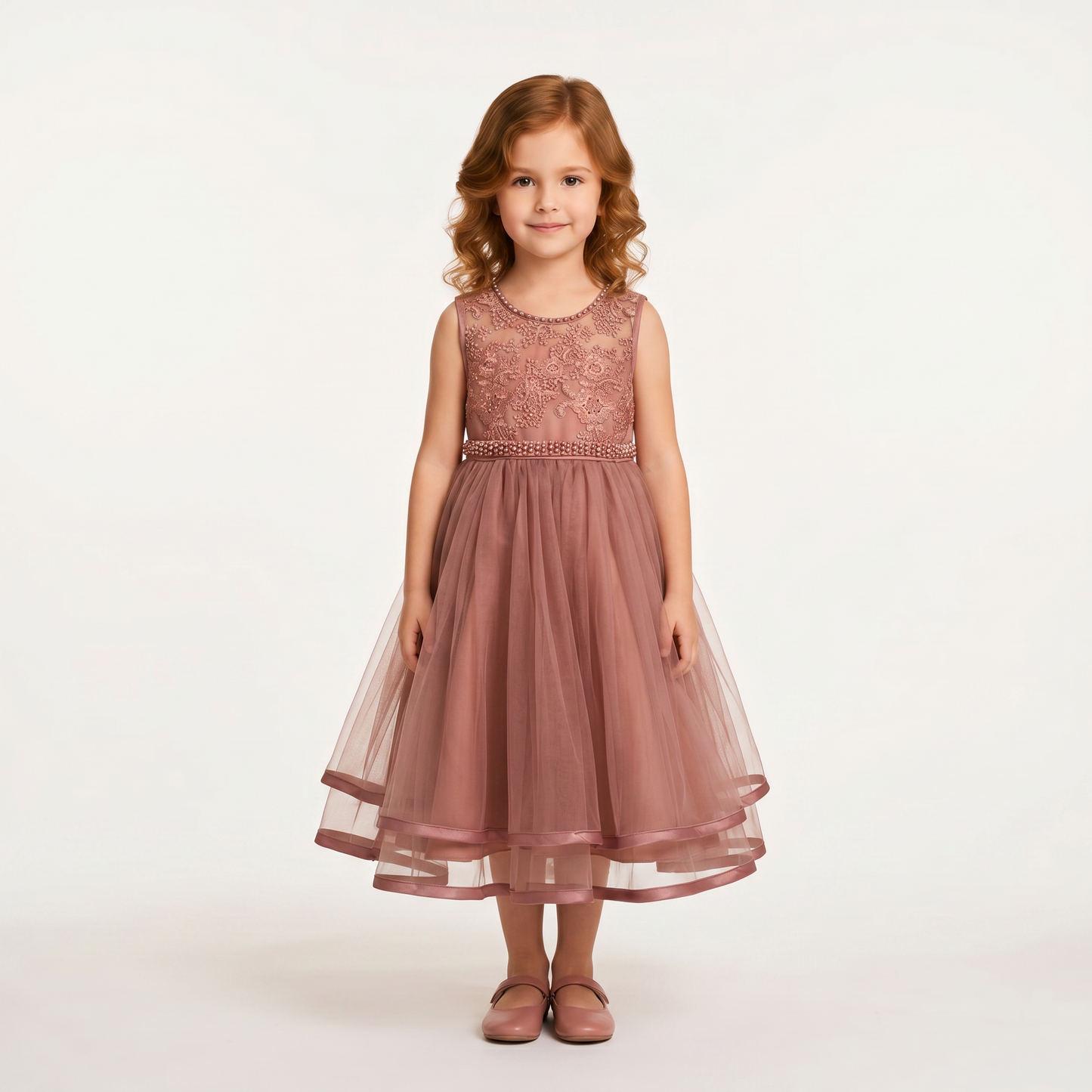 Vestido Niña Mauve con Bordado, Cinturón de Perlas y Falda de Tul | Tallas 100-150