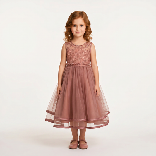 Vestido Niña Mauve con Bordado, Cinturón de Perlas y Falda de Tul | Tallas 100-150