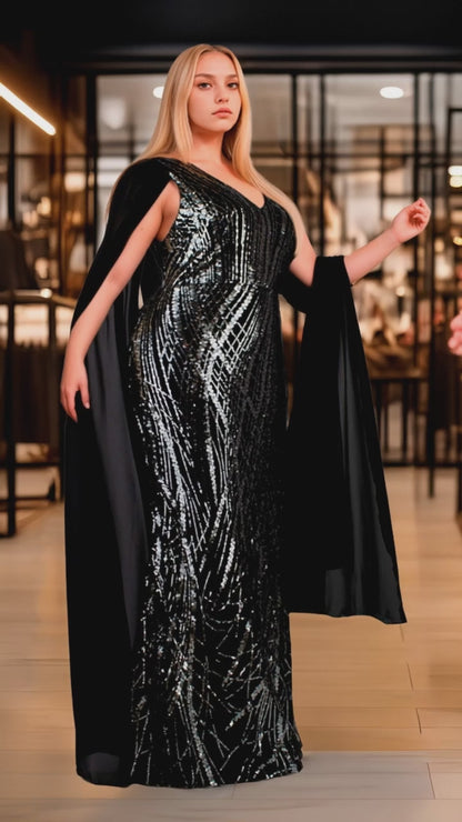 Vestido Sirena Lentejuelas Plateadas Manga Larga Tallas Extra L-5XL