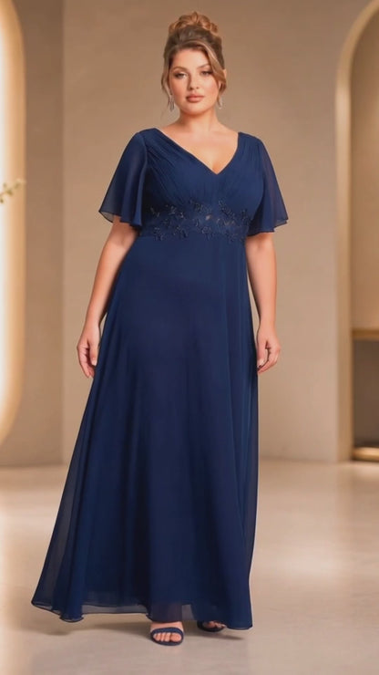 Vestido Azul Marino Chiffon Corte Imperio con Encaje y Perlas | Tallas Extra 1XL-3XL