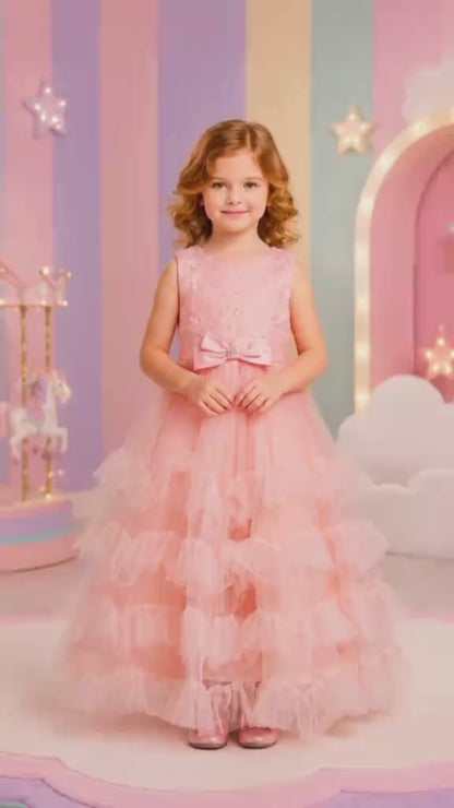 Blush Tulle Dress with Guipure Lace and Ruffles for Girls Sizes 120-160