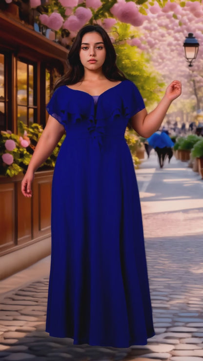 Vestido Azul Rey Chiffon Hombros Descubiertos Línea A Tallas Extra 1XL-3XL