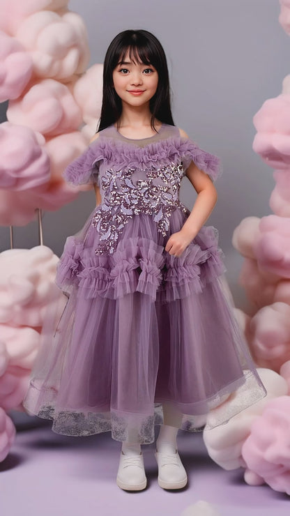 Vestido Infantil Lila Tul Hombros al Aire con Lentejuelas Tallas 110-150