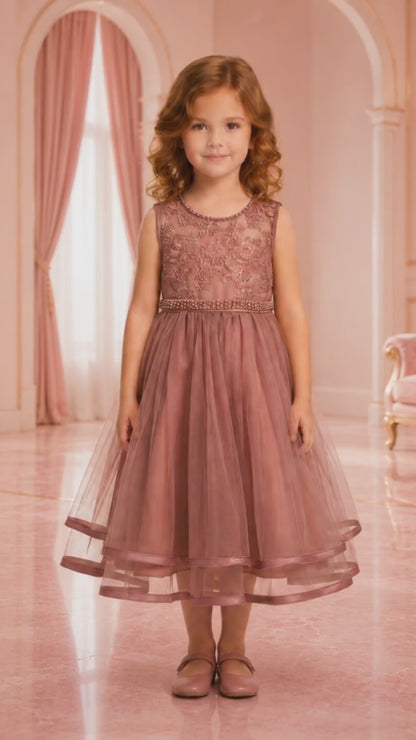 Mauve Girl's Dress with Embroidery, Pearl Belt, and Tulle Skirt | Sizes 100-150