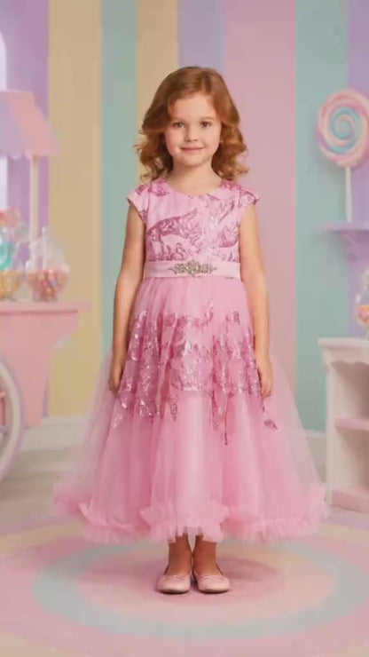 Girls' Pink Glitter Short Sleeve Dress Sizes 120-160