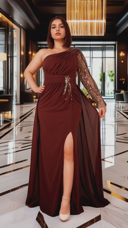 Vestido Asimétrico Terracota Sirena Manga Larga con Bordados Tallas S-XL