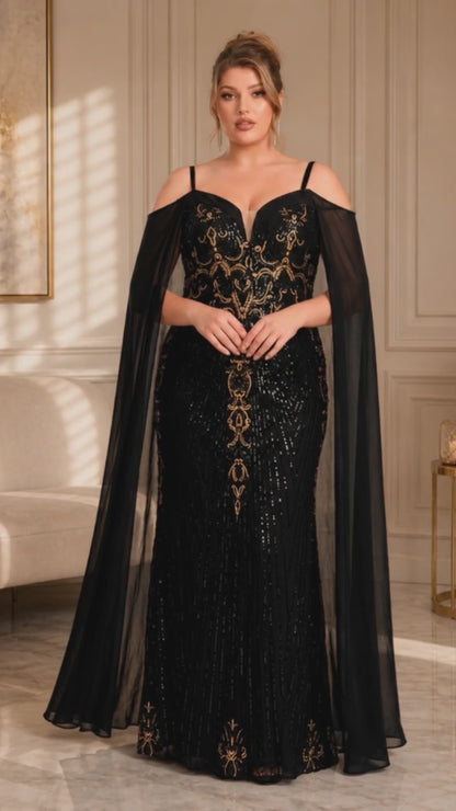 Vestido Negro Lentejuelas Doradas | Hombros Descubiertos | Tallas Extras