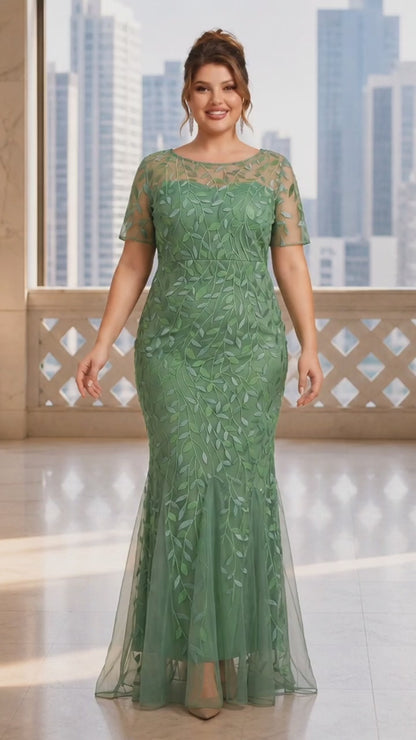 Vestido Verde Olivo Bordado Floral | Corte Sirena | Manga Corta