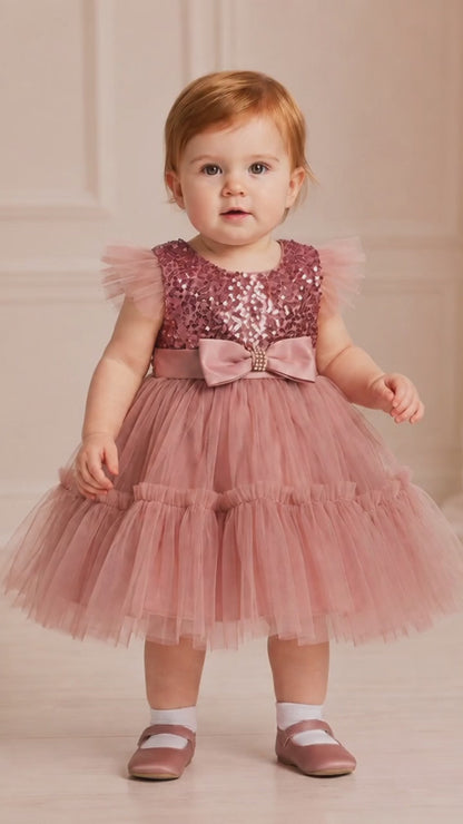 Vestido de Bebé Rosa con Lentejuelas y Moño de Perlas Tallas 6M-24M