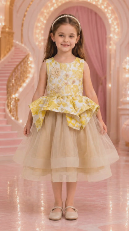 Girls' Gold Elegant Dress with Chest Details