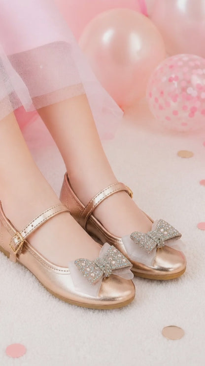 Rose Gold Ballet Flats with Stone Bow for Girls Sizes 13-26