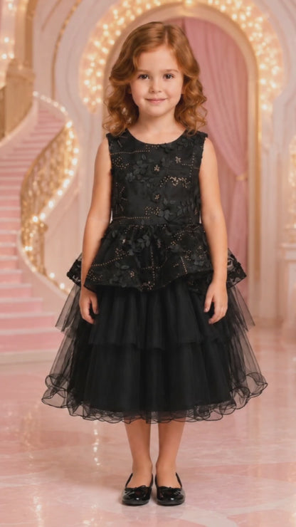 Girls' Black Sleeveless Dress with 3D Flowers Sizes 2-12