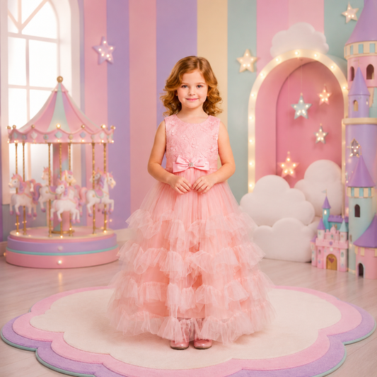 Vestido de Tul Blush con Guipur y Volantes para Niña Tallas 120-160