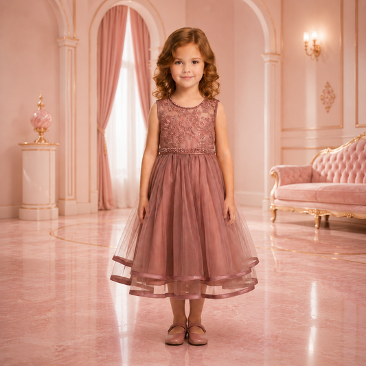 Vestido Niña Mauve con Bordado, Cinturón de Perlas y Falda de Tul | Tallas 100-150