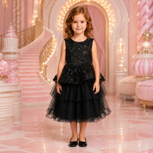 Vestido Infantil Negro Sin Mangas con Flores 3D Tallas 2-12