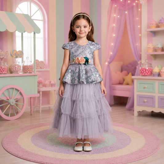 Vestido de Tul con Bordados y Mangas para Niña